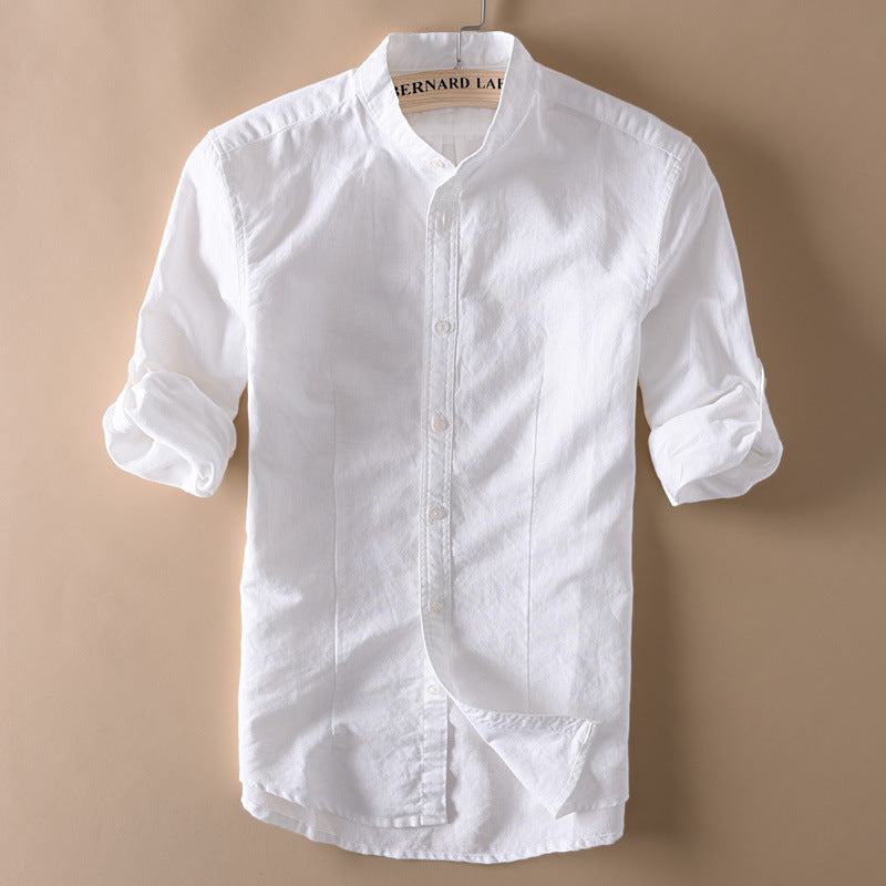 Men Stand Collar Linen Shirts Long Sleeve