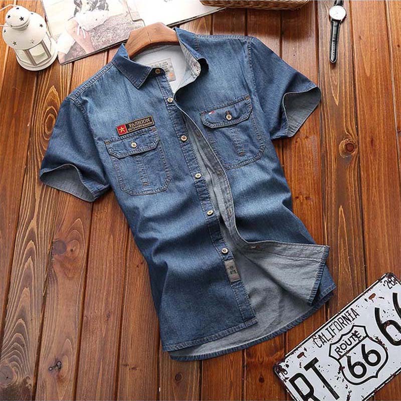 Short Sleeves Men Denim Shirts Cotton