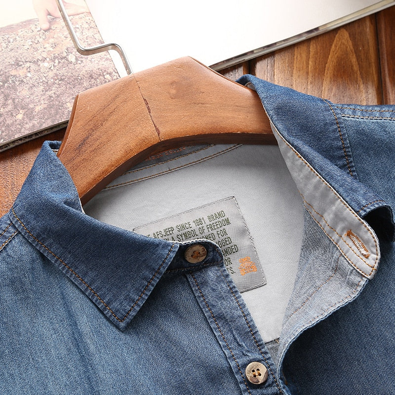 Short Sleeves Men Denim Shirts Cotton