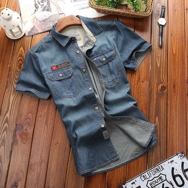 Short Sleeves Men Denim Shirts Cotton