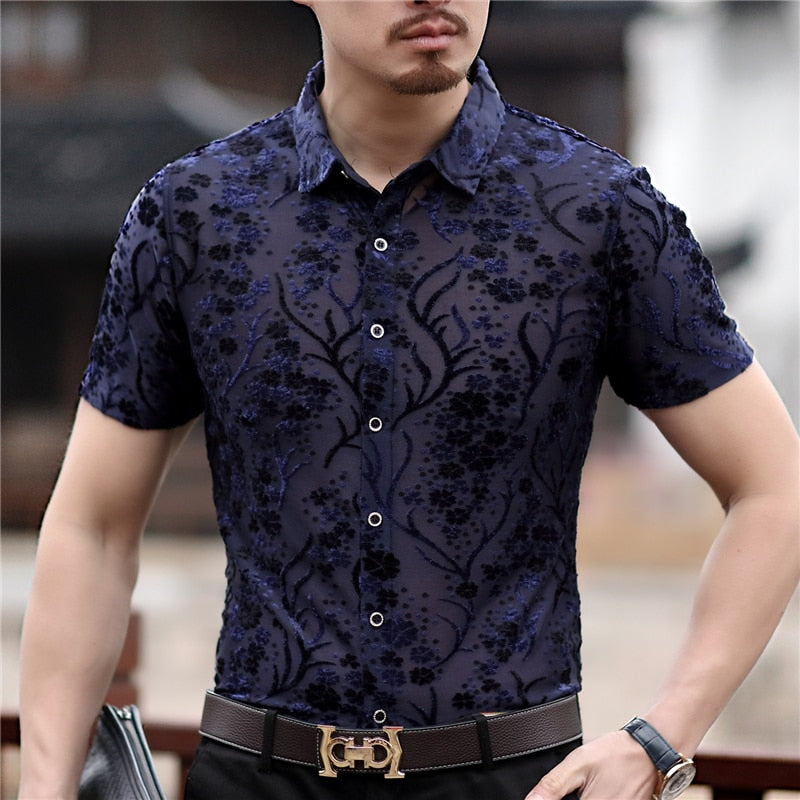 Floral Shirt Men Velvet Transparent Shirt