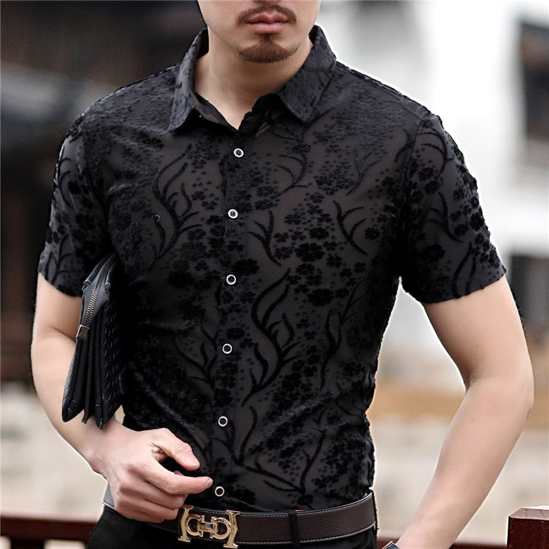 Floral Shirt Men Velvet Transparent Shirt