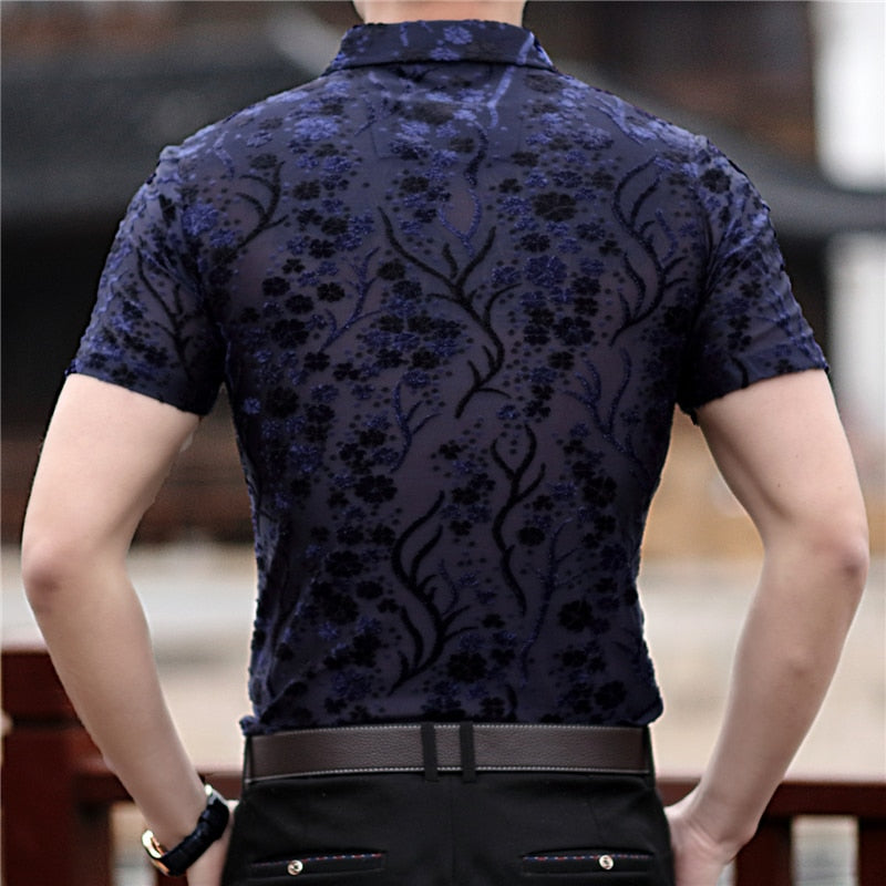 Floral Shirt Men Velvet Transparent Shirt