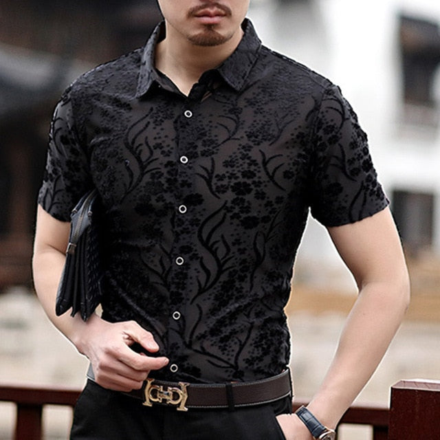 Floral Shirt Men Velvet Transparent Shirt