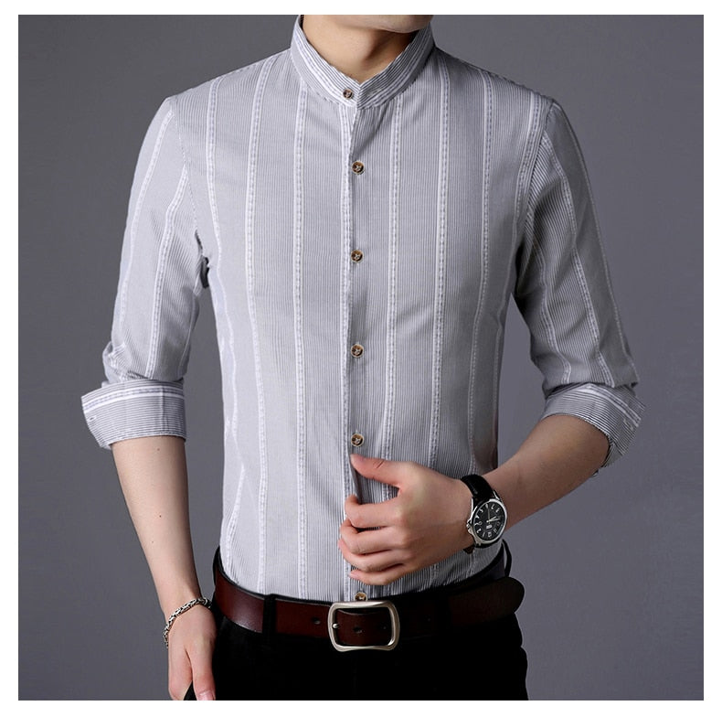 Shirt Mens Striped Long Sleeve Slim