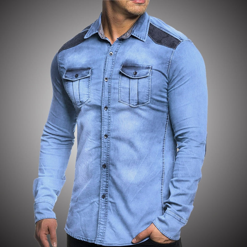 Denim Shirt Men Casual Fit Slim Long Sleeve