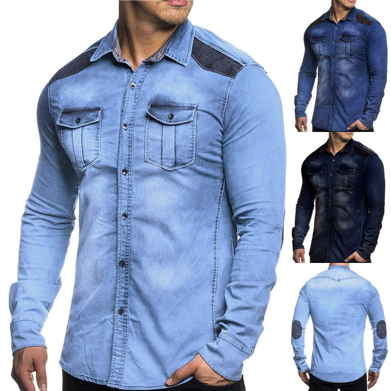 Denim Shirt Men Casual Fit Slim Long Sleeve