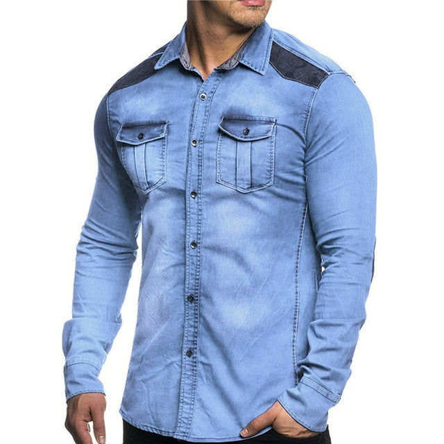 Denim Shirt Men Casual Fit Slim Long Sleeve