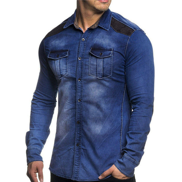 Denim Shirt Men Casual Fit Slim Long Sleeve