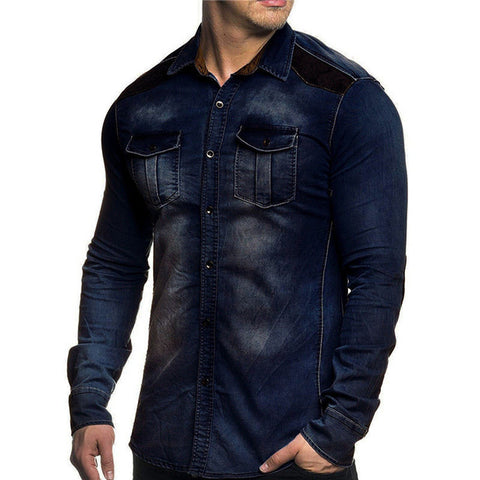 Denim Shirt Men Casual Fit Slim Long Sleeve