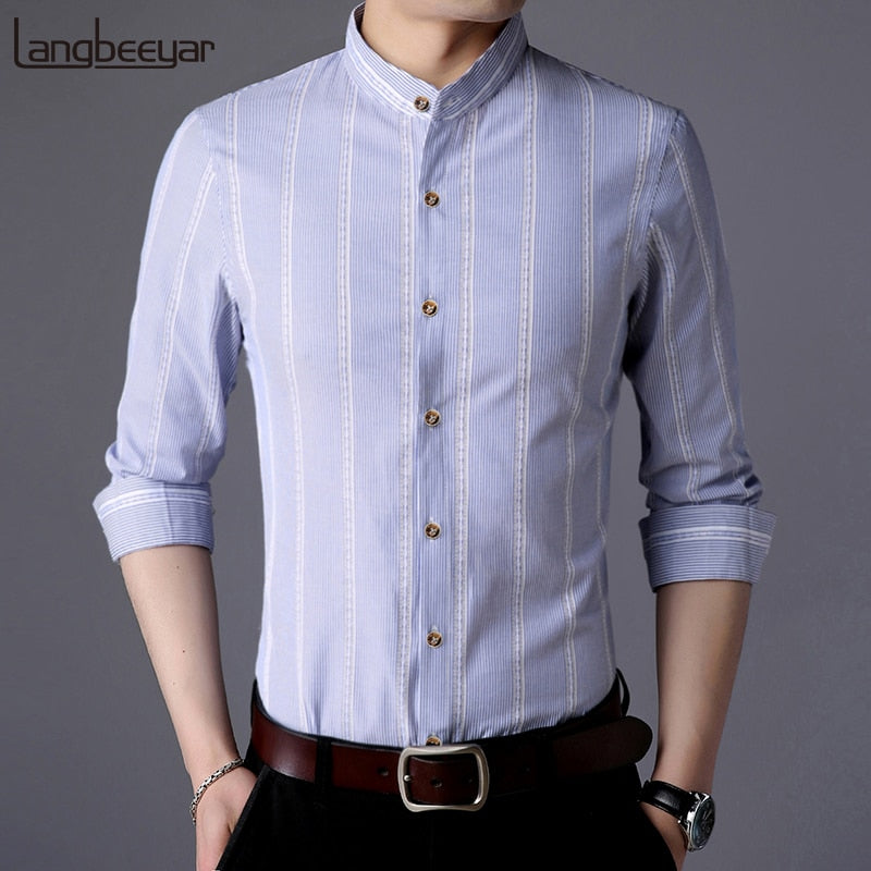 Shirt Mens Striped Long Sleeve Slim